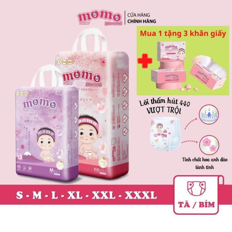 Tã bỉm MOMO DIAMOND hữu cơ cao cấp quần/dán size S64/ M60/L54/XL50/XXL48/XXXL46