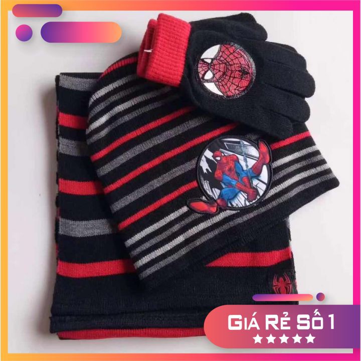 Combo khăn mũ găng tay bé trai ⚡SIÊU NGỘ NGHĨNH ⚡Khăn mũ và gang tay trẻ em hình siêu nhân người nhện, chất len đẹp mịn