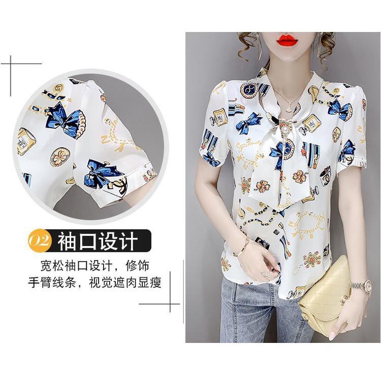 Áo sơ mi chiffon tay ngắn phồng in hoa thời trang mùa hè cho nữ