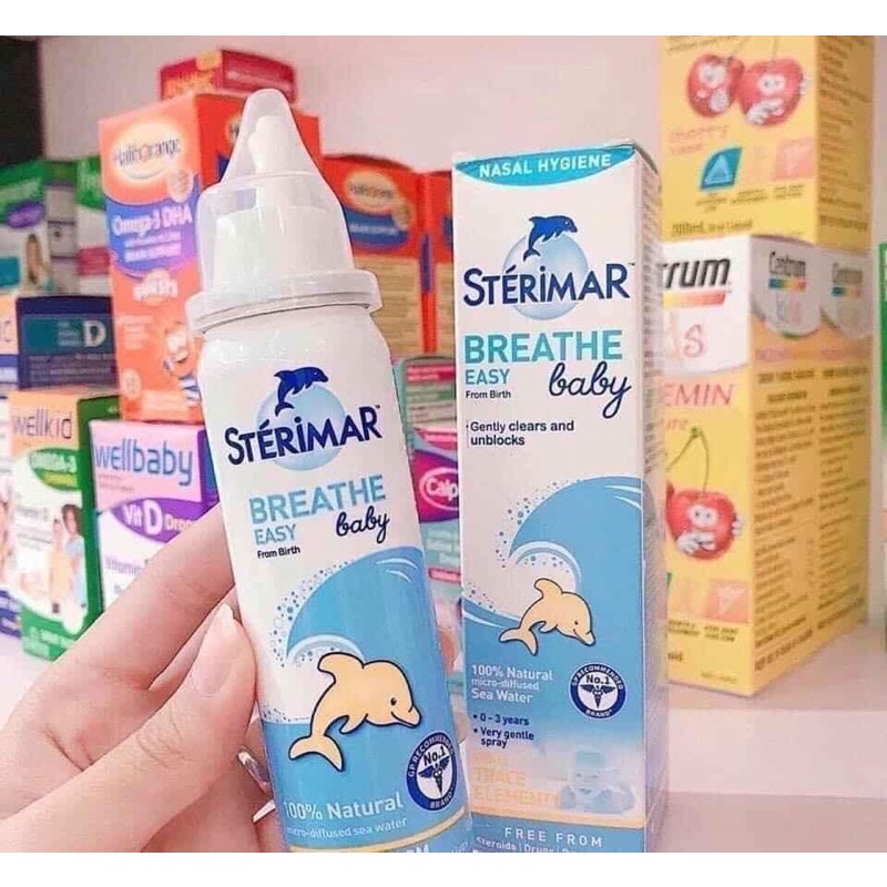 Xịt muối biển cá heo vàng và cá heo cam, xịt mũi cá heo (100ml) vệ sinh mũi cho bé 0-3 tuổi Sterimar, Pháp