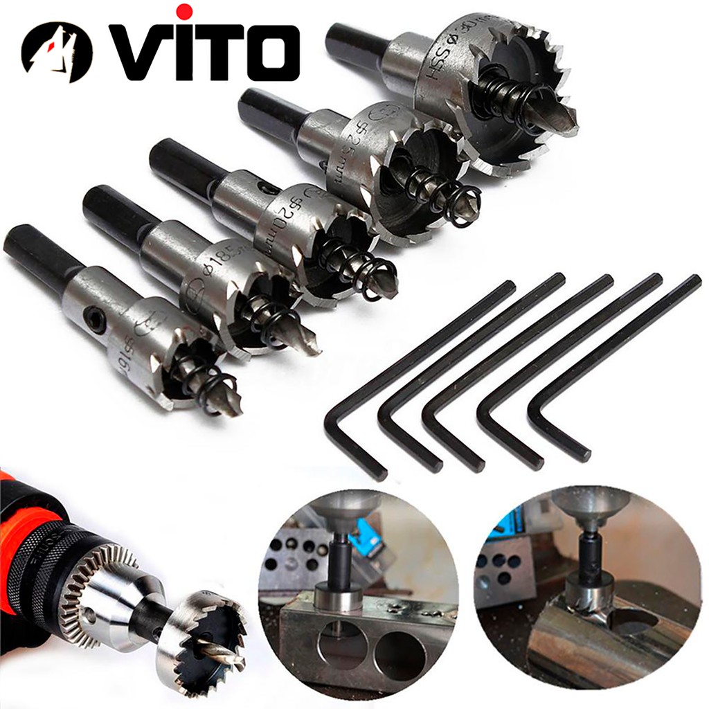 Bộ 5 Mũi Khoan, Mũi Khoét Kim Loại VITO Thép HSS 6542 Kích Thước 16-30mm Có Mũi Định Tâm