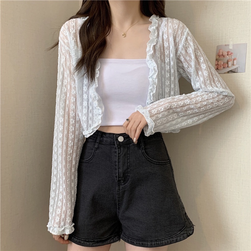 Áo kiểu ZHELIHANGFEI tay dài chống nắng lưng cao phối ren họa tiết hoa xinh xắn