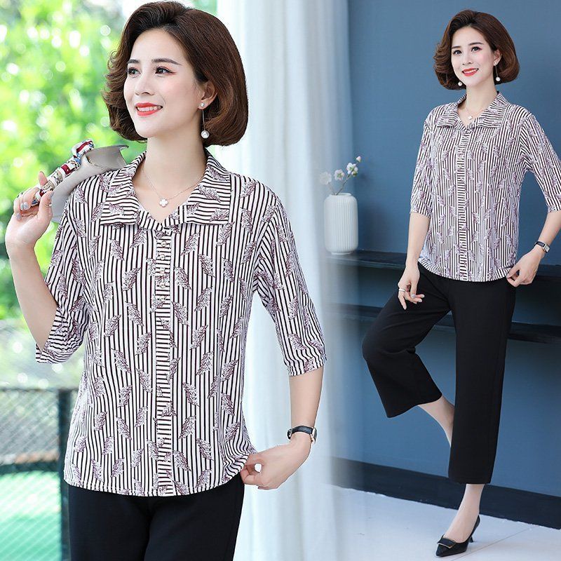 Áo Sơ Mi chiffon Tay Ngắn In Hoa plus size Cho Phụ Nữ Trung Niên