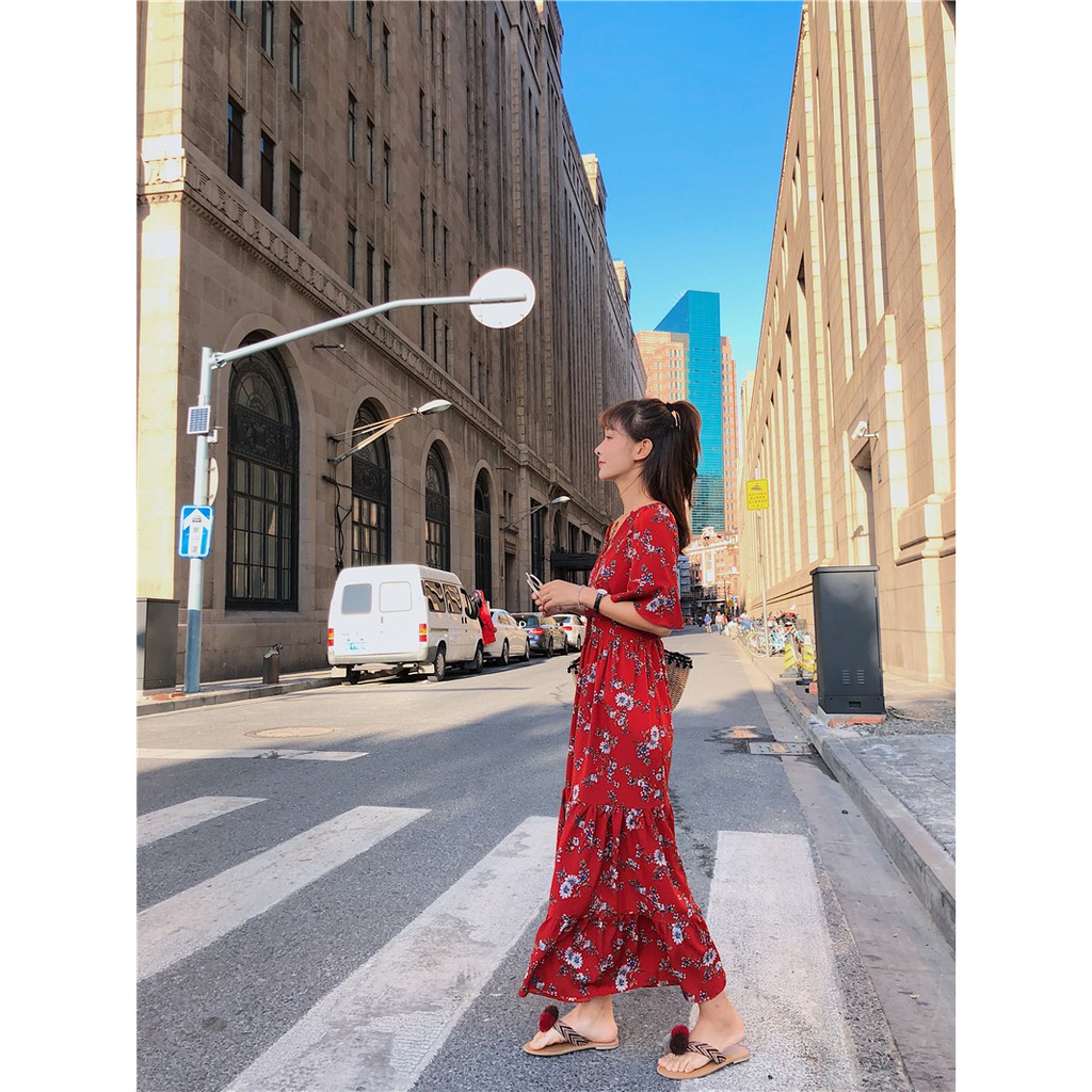 FREESHIP ĐƠN 99K_ Đầm maxi tay lở cổ V in hoa thời trang cho nữ | BigBuy360 - bigbuy360.vn