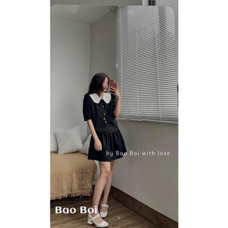 Set bộ áo đen cổ sen trắng tiểu thư