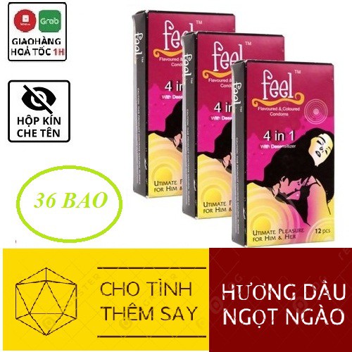 Bao cao su Gai Feel 4 in 1 [CHÍNH HÃNG] Bao cao su Gân Gai Kéo dài thời gian - Hương dâu,Hộp 12 bao, Sự kết hợp hoàn hảo