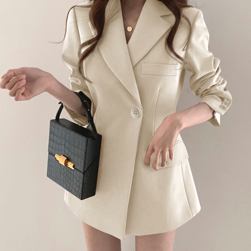 Áo khoác blazer IELGY dài tay màu trơn phong cách cổ điển Hồng Kông cho nữ