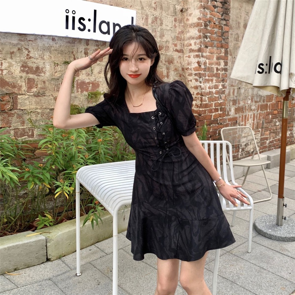 Đầm Tay Phồng Cổ Vuông Phong Cách Hepburn Hàn Quốc Thời Trang 2022 Mới