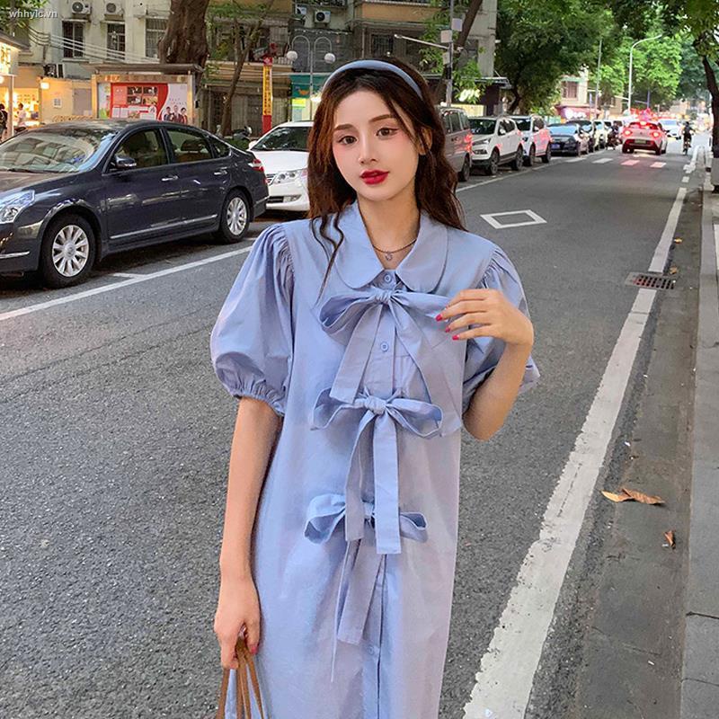 Đầm Sơ Mi Xanh Dương Tay Phồng Thời Trang Mùa Hè Pháp Mới 2021 Cho Nữ