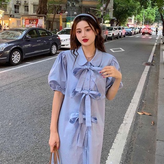 Đầm Sơ Mi Xanh Dương Tay Phồng Thời Trang Mùa Hè Pháp Mới 2021 Cho Nữ