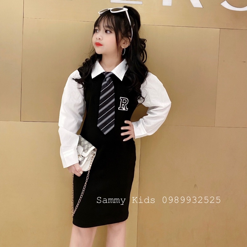 Váy Body phối tay Sơ mi kèm Calavat Hàn Quốc cho bé gái size đại 16-40kg