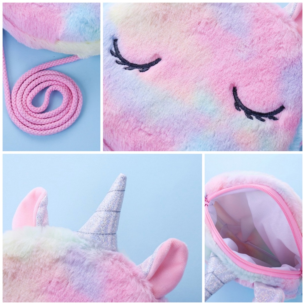 Ba lô lông nhung hình kỳ lân tai thỏ dễ thương cho bé gái