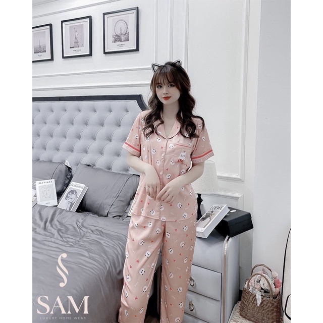 Bộ lụa SAM lụa luxury cao cấp áo ngắn tay quần dài hoạ tiết xinh bộ mặc nhà đẹp hãng sam