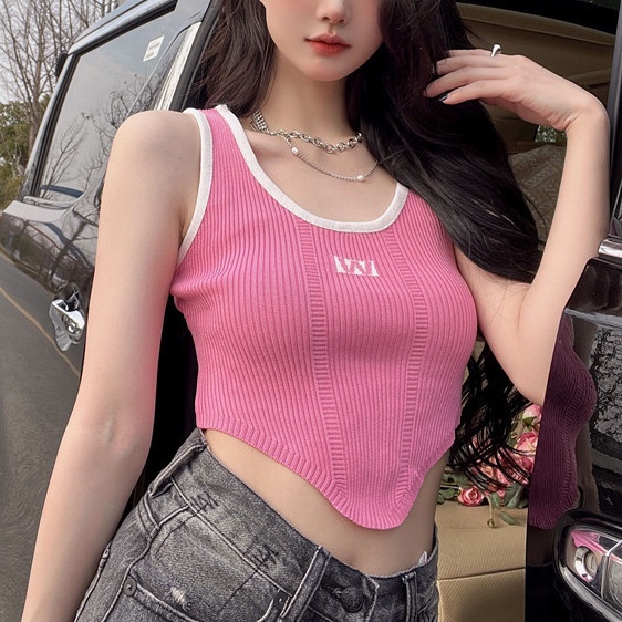 Jiashucheng Áo Dệt Kim Không Tay Màu Hồng Thiết Kế Không Đều Quyến Rũ Cho Nữ