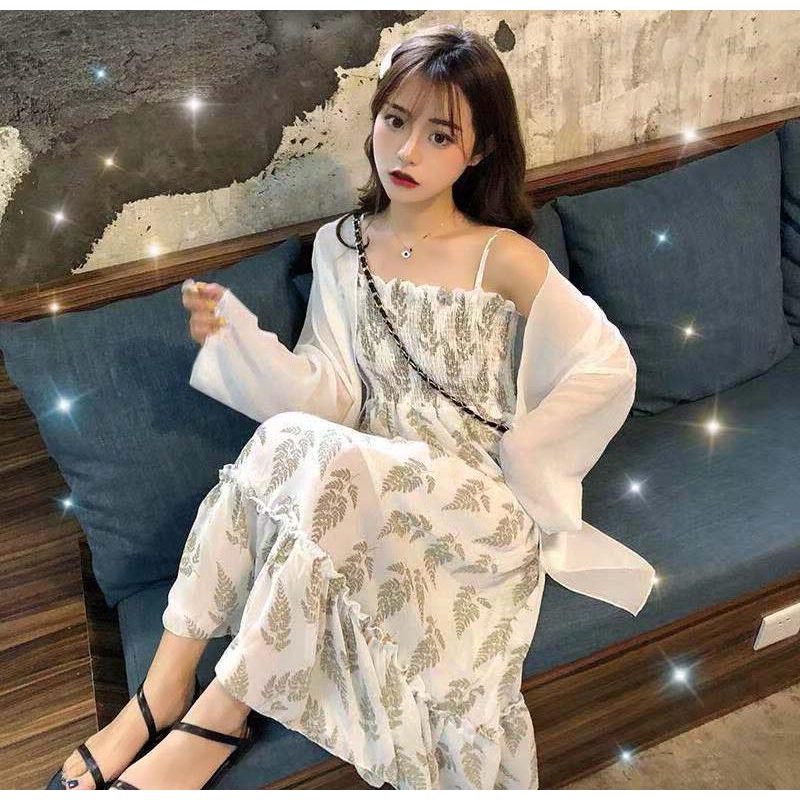 Set đồ phối đầm voan mỏng họa tiết hoa xinh xắn thời trang 2019 cho nữ