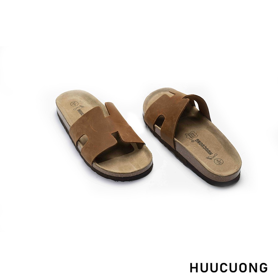 Dép unisex Huucuong chữ H da bò nâu đế trấu