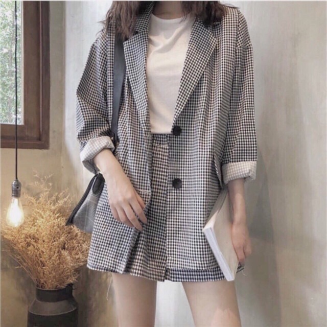 Set blazer kẻ caro nhí