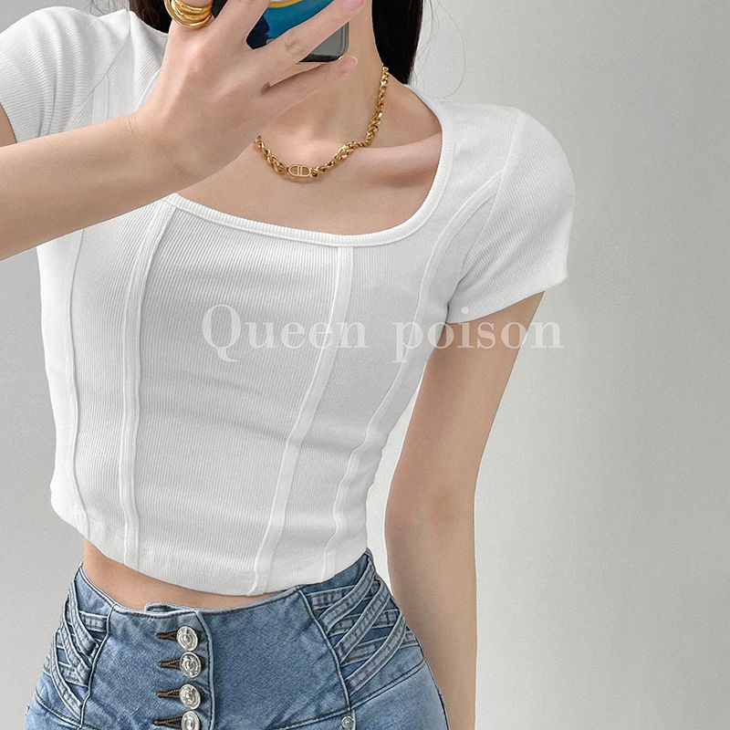 Áo thun COZOK tay ngắn cổ vuông thiết kế ôm phong cách cổ điển thời trang