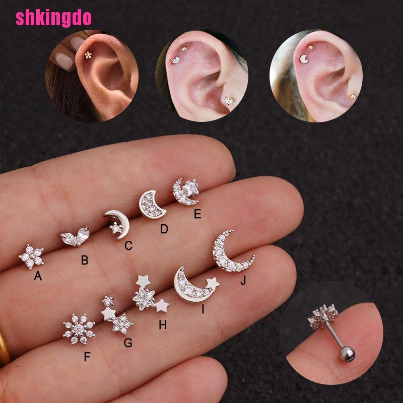 Khuyên xỏ sụn lỗ tai hình mặt trăng mặt trời đính đá pha lê