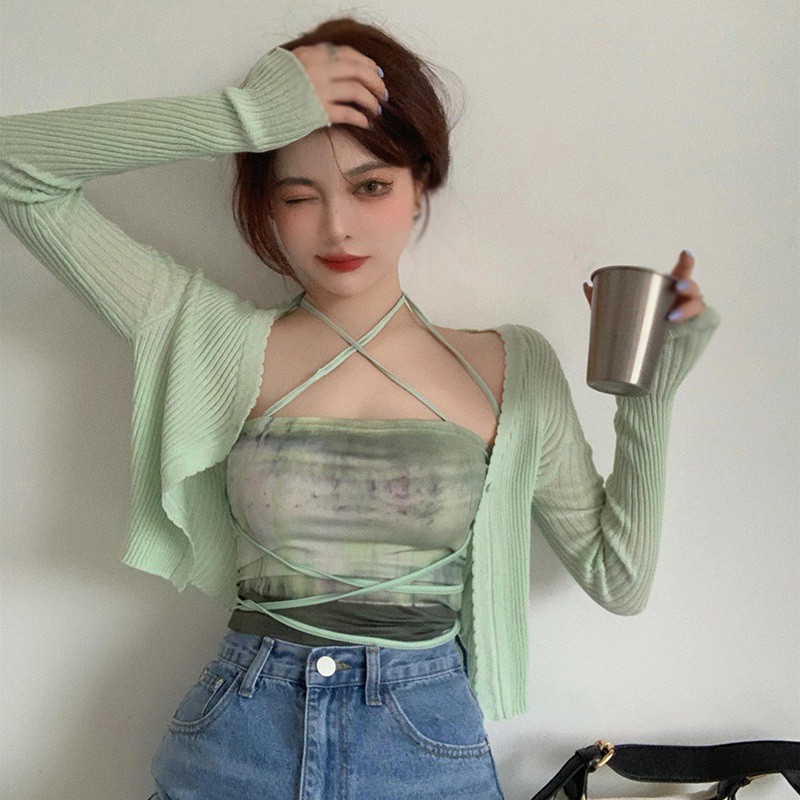 Áo croptop dáng ôm hở rốn nhuộm màu loang thời trang quyến rũ cho nữ