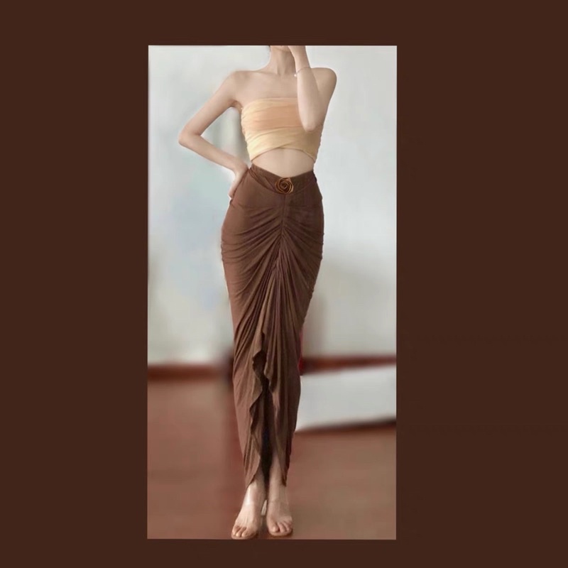 Chân váy lụa xẻ giữa cách điệu eo có video thật oder15n