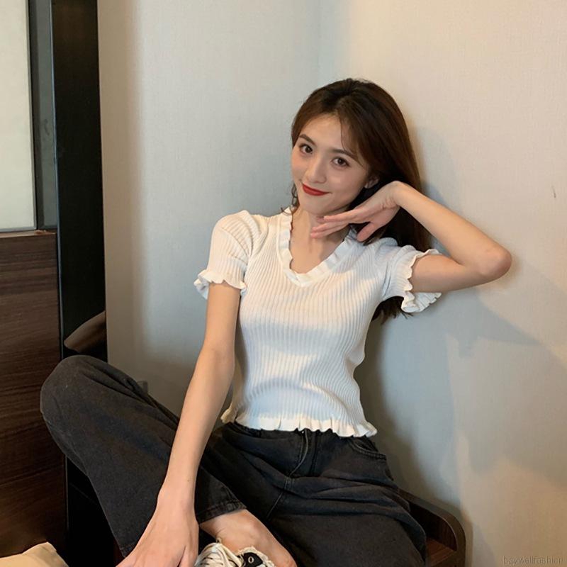 [Baywellfashion]Korean Style Sexy Knit Short V-neck Solid Color Stringy Selvedge Simple Casual Comfortable Women's Tops | BigBuy360 - bigbuy360.vn
