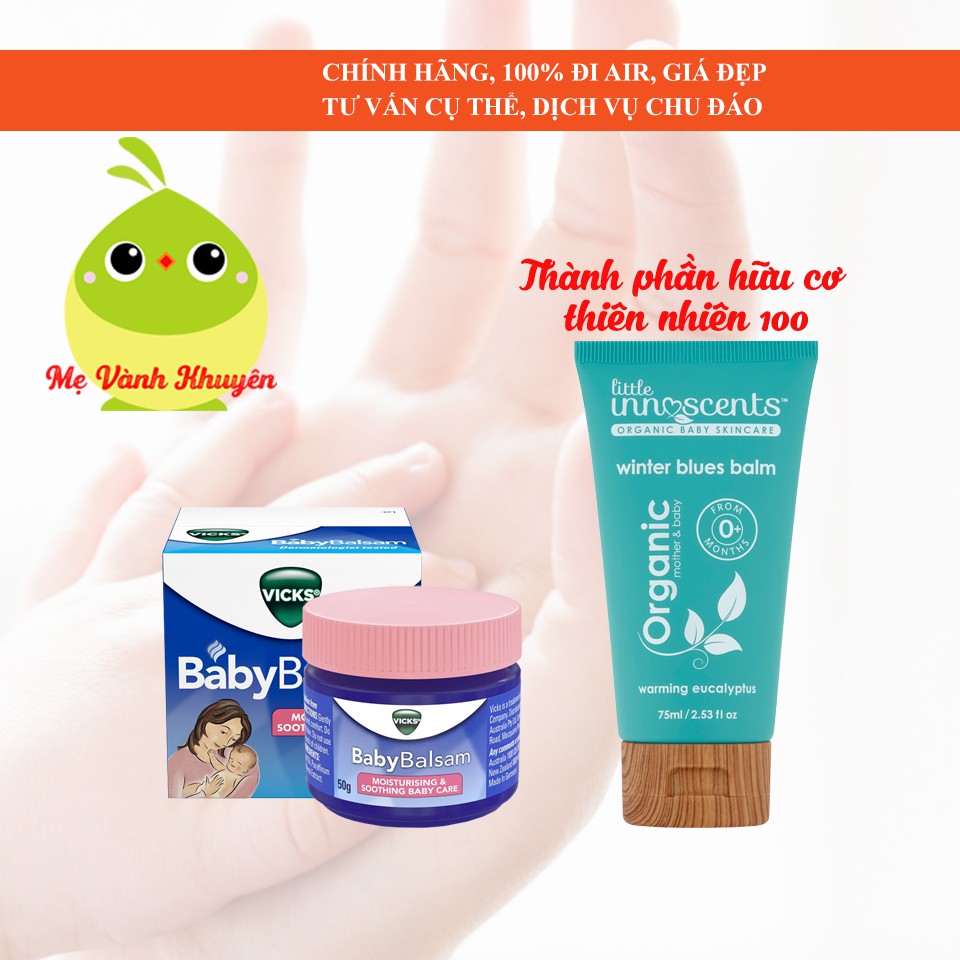 Bộ sản phẩm Dầu bôi ấm ngực chống cảm cho bé Vicks Baby Balsam/Little Innoscents Organic, Úc (50g/75ml)