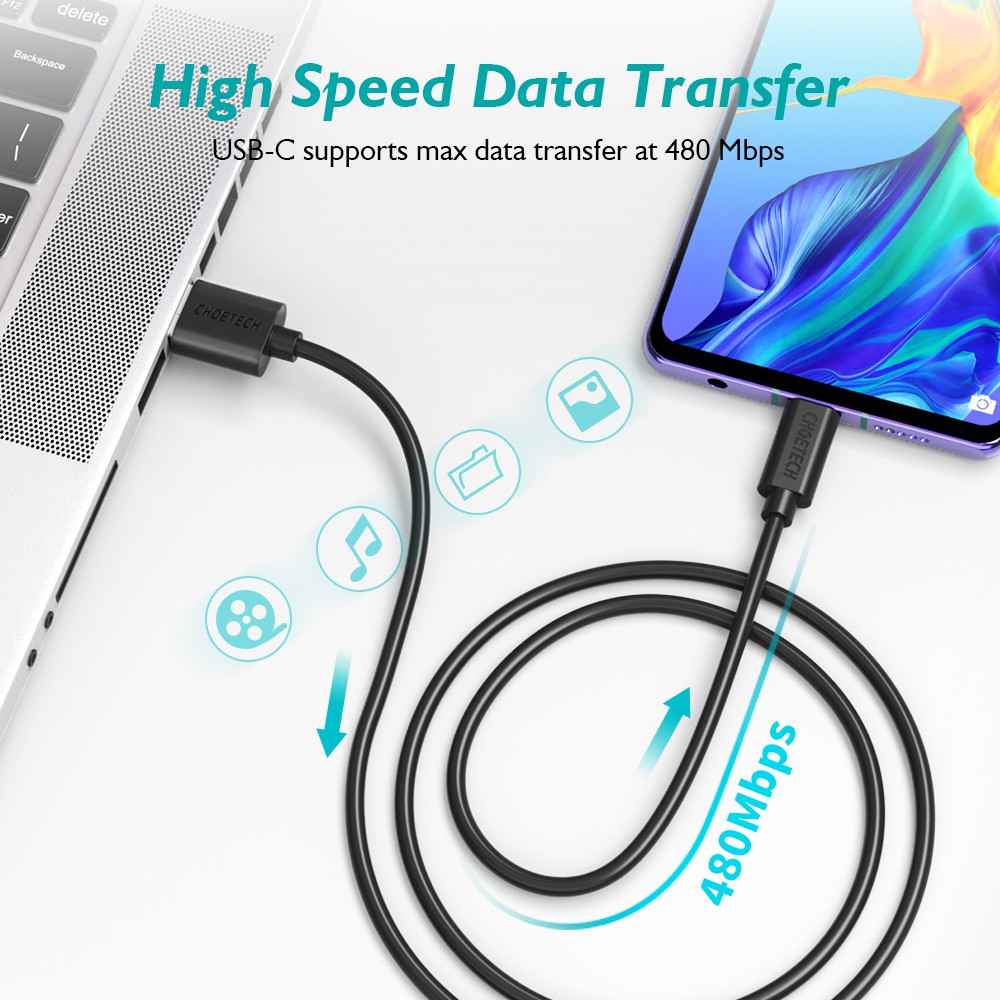 Cáp sạc USB CHOETECH hỗ trợ sạc nhanh 3A dài 0.5m/1m/2m cho Samsung Huawei
