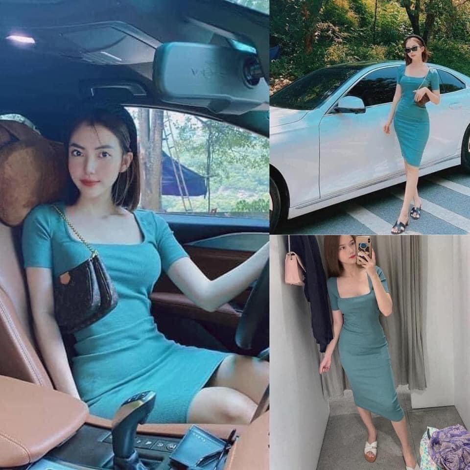 Váy cổ vuông ngắn tay 3 màu nữ - Đầm midi dáng dài body ôm bánh bèo tiểu thư SIÊU ĐẸP | BigBuy360 - bigbuy360.vn