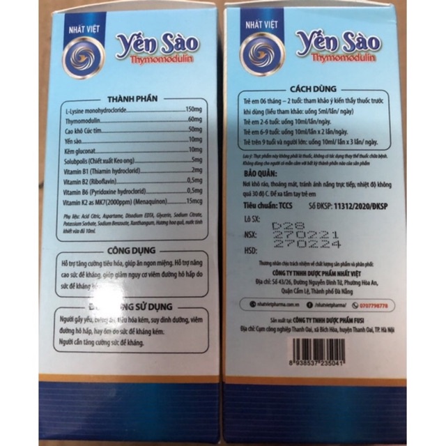 DUNG DịCH YẾN SÀO THYMOMODULIN ( Hộp 20 ống ) - GIÚP BÉ ĂN NGON, HỖ TRỢ TĂNG CƯỜNG TIÊU HOÁ, TĂNG SỨC ĐỀ KHÁNG