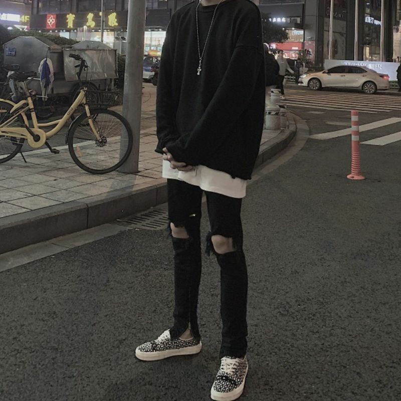 Quần Jean Nam Rách Gối Zipper Co Giãn Phong Cách HIPHOP STREETWEAR - Quần Bò Rách Gối Skinny Dáng Fog Justin Bieber