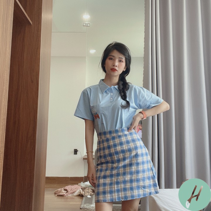 Set Đồ Nữ Ulzzang Áo Phông Tay Lỡ Có cổ + Chân Váy Kẻ Sọc Dáng Chữ A (Có ảnh + video thật)