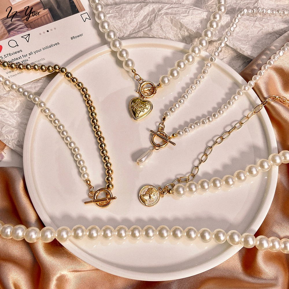 Vòng cổ AY bằng hợp kim đính ngọc trai giả xinh xắn thời trang cho nữ