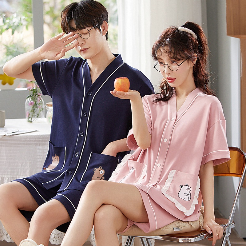 Bộ Đồ Ngủ Áo Tay Ngắn Dáng Rộng + Quần short Bằng cotton Thời Trang Mùa Hè Cho Cặp Đôi