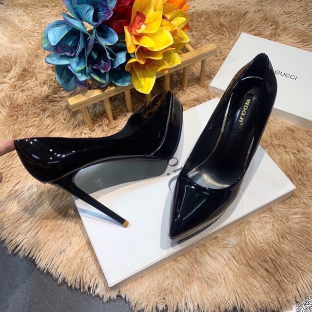 Cao gót da bóng đúp đế đen be