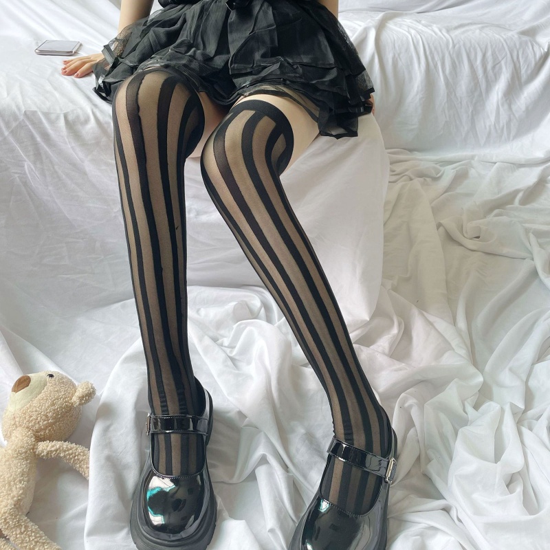 Vớ Dài Qua Gối Vải Lụa Họa Tiết Kẻ Sọc Phong Cách Lolita Dành Cho Nữ