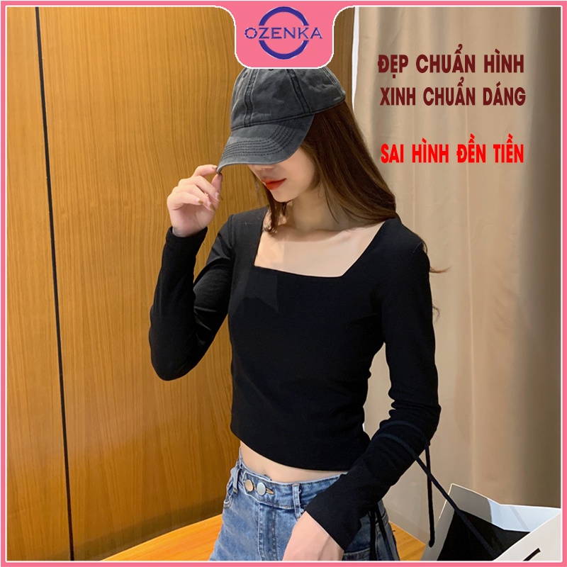 Áo croptop tay dài cổ vuông ôm nữ ozenka , crt thun gân 100% cotton màu trơn đen trắng free size dưới 52 kg