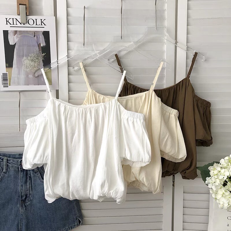 áo kiểu trễ vai tay phồng có dây điều chỉnh ( thời trang bigsize vickyy.g - anitagreen) n84-822