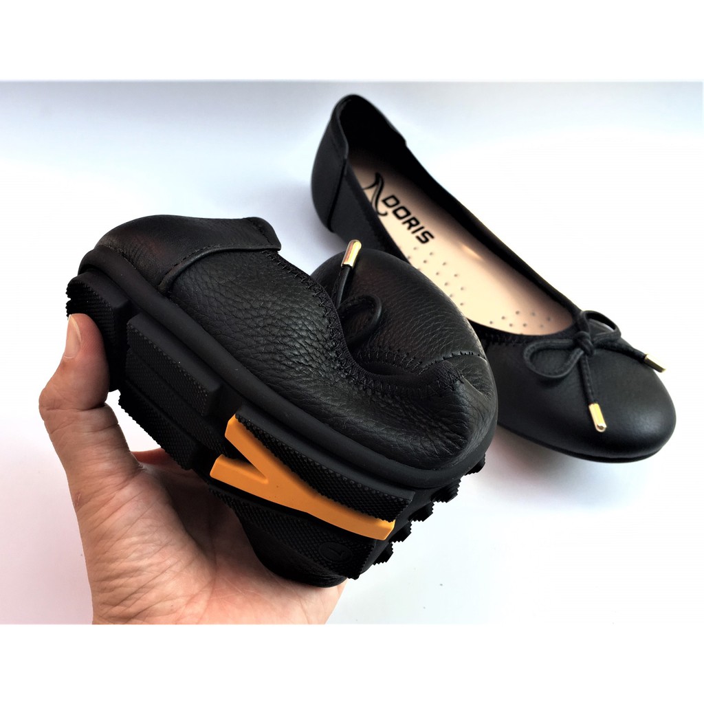 Giày búp bê nữ ❤️FREESHIP❤️ da thật mũi tròn gắn nơ nhỏ màu đen DORIS DR007. | BigBuy360 - bigbuy360.vn