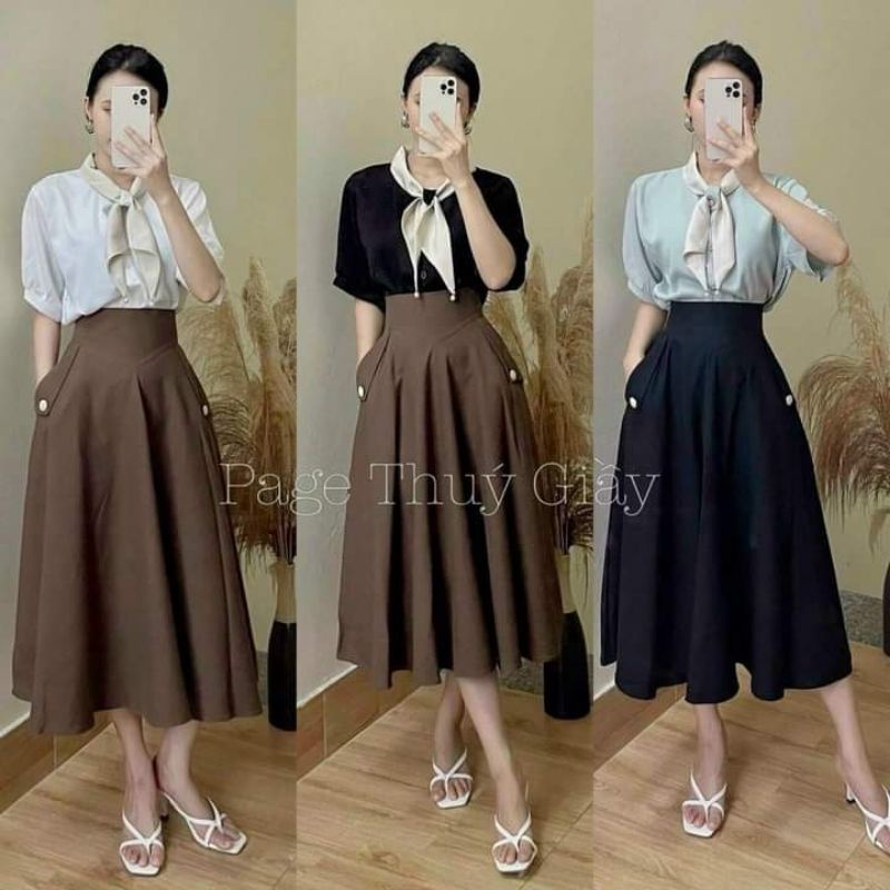 Chân váy xoè cạp cao có túi hàng QC loại 1