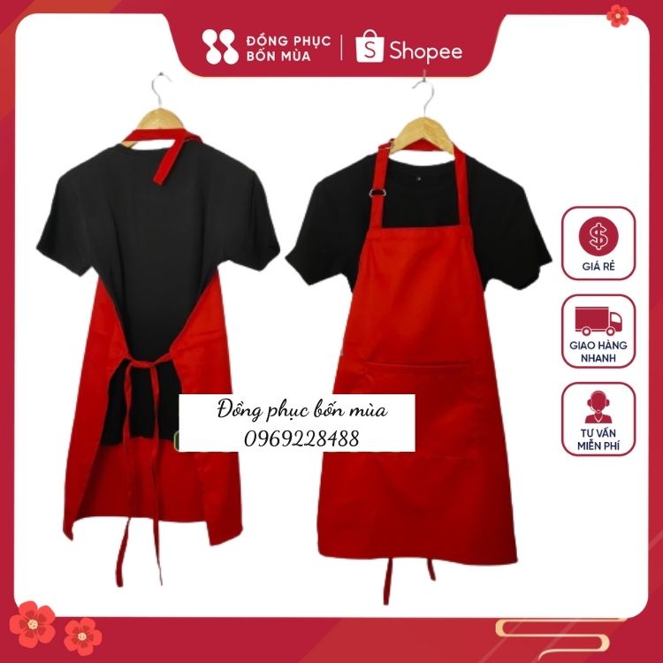 Tạp dề yếm dáng dài màu đỏ - Chất liệu kaki Hàn chống thấm cực tốt - Kiểu dáng thích hợp cho nam, nữ phục vụ