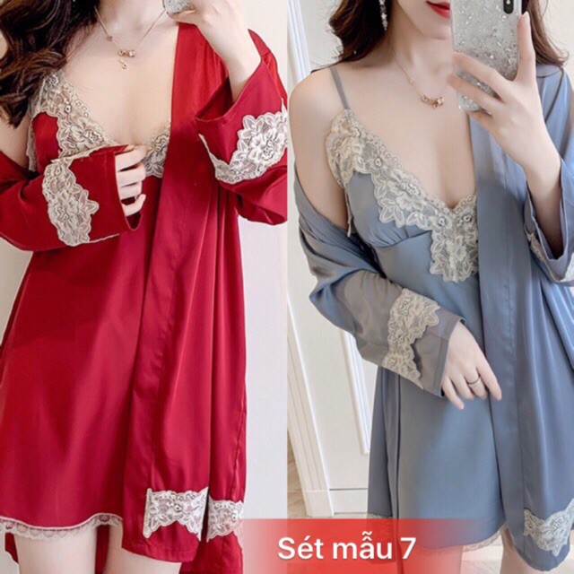 Bộ Ngủ Lụa Váy Ngủ Kèm Áo Choàng Vải Satin Chất Siêu Mát Dáng Siêu Xinh | BigBuy360 - bigbuy360.vn