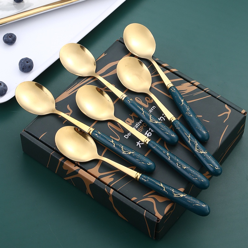 Thìa cán sứ mạ vàng set 6 chiếc cao cấp, Sét 6 thìa xanh