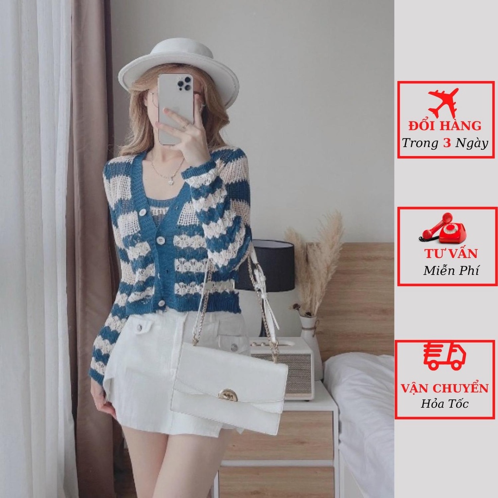 Set áo cardigan len lưới nữ kẻ ngang kèm áo 2 dây len dáng ngắn ôm body tiểu thư bánh bèo ulzzang Hàn Quốc