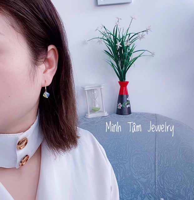 Bông tai hình khối pha lê lập phương bạc Ý xi kim