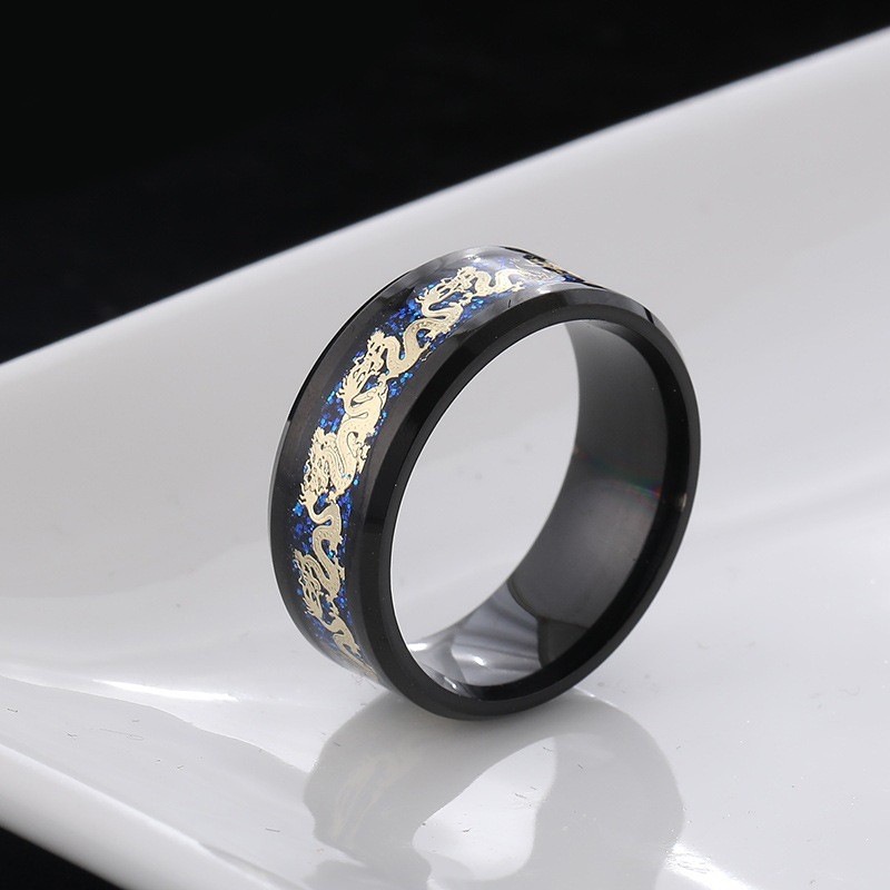 Nhẫn Thép Titan 8Mm Họa Tiết Rồng Cá Tính Cho Nam Và Nữ