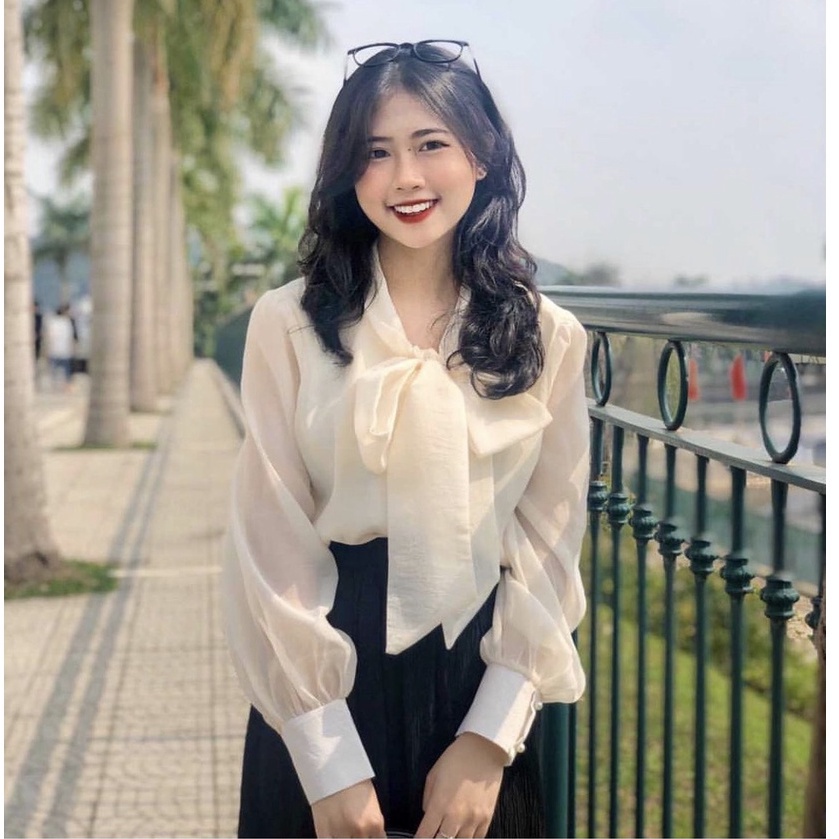 Áo sơ mi voan 2 lớp cổ thắt nơ bánh bèo, áo kiểu nữ Hàn Quốc