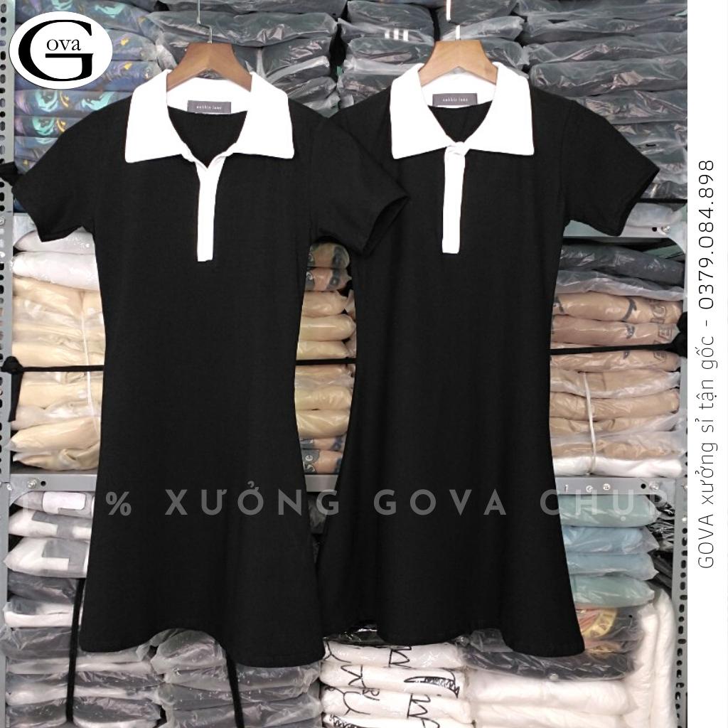 Đầm Váy CỔ POLO Phối Trắng Dáng Xoè Thun Borip Ôm Đẹp GOVA