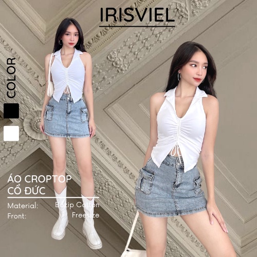 Áo Croptop Cổ Đức Polo Màu Trắng, Áo Crt Cổ Bẻ Dây Rút Chất Borip Thun Ôm Body Cá Tính Freesize IRISVIEL