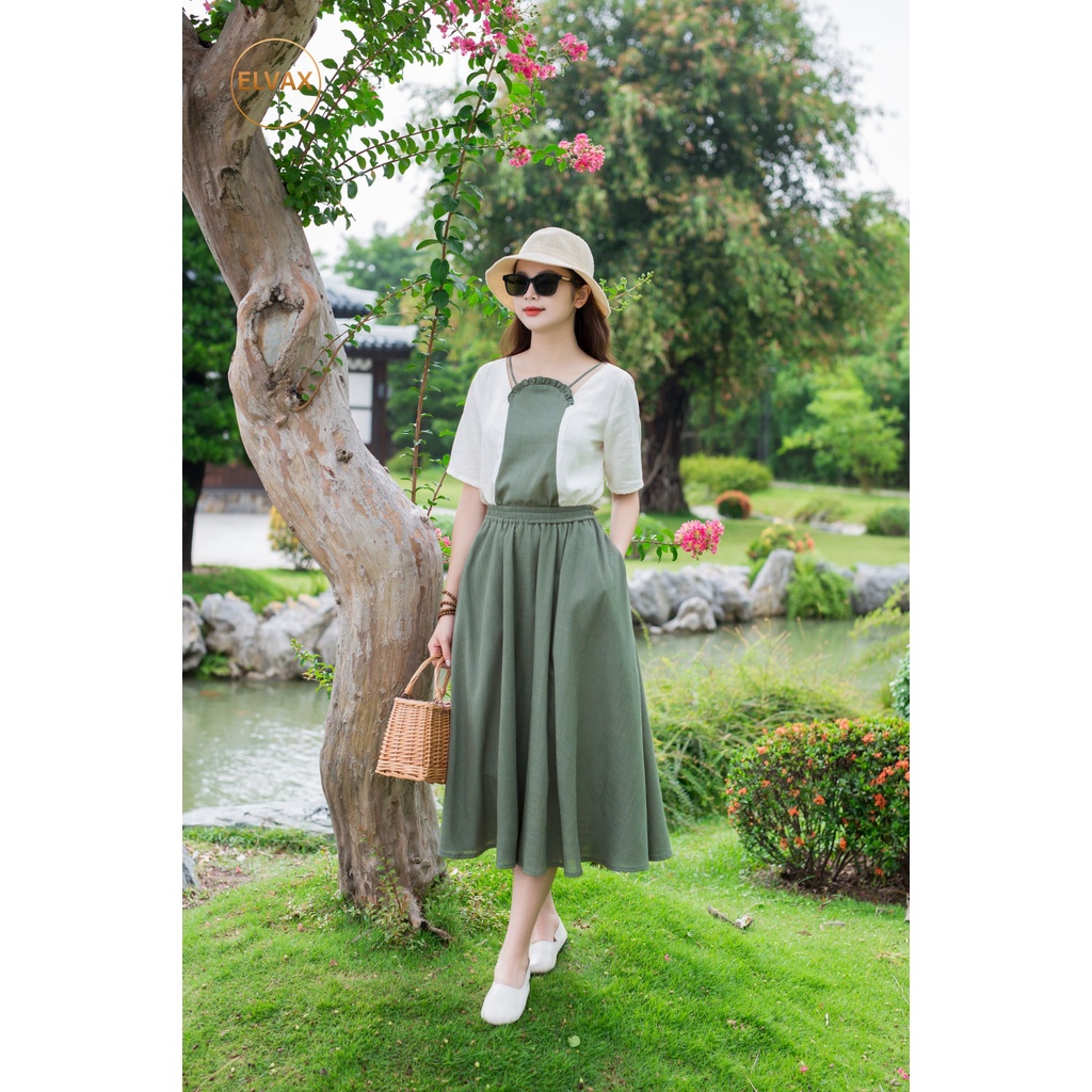 Bộ Đồ Linen Nữ ELVAX Áo Phông Cổ Yếm Xanh Rêu, Chân Váy Dài Xanh Rêu Linen Gân Xước
